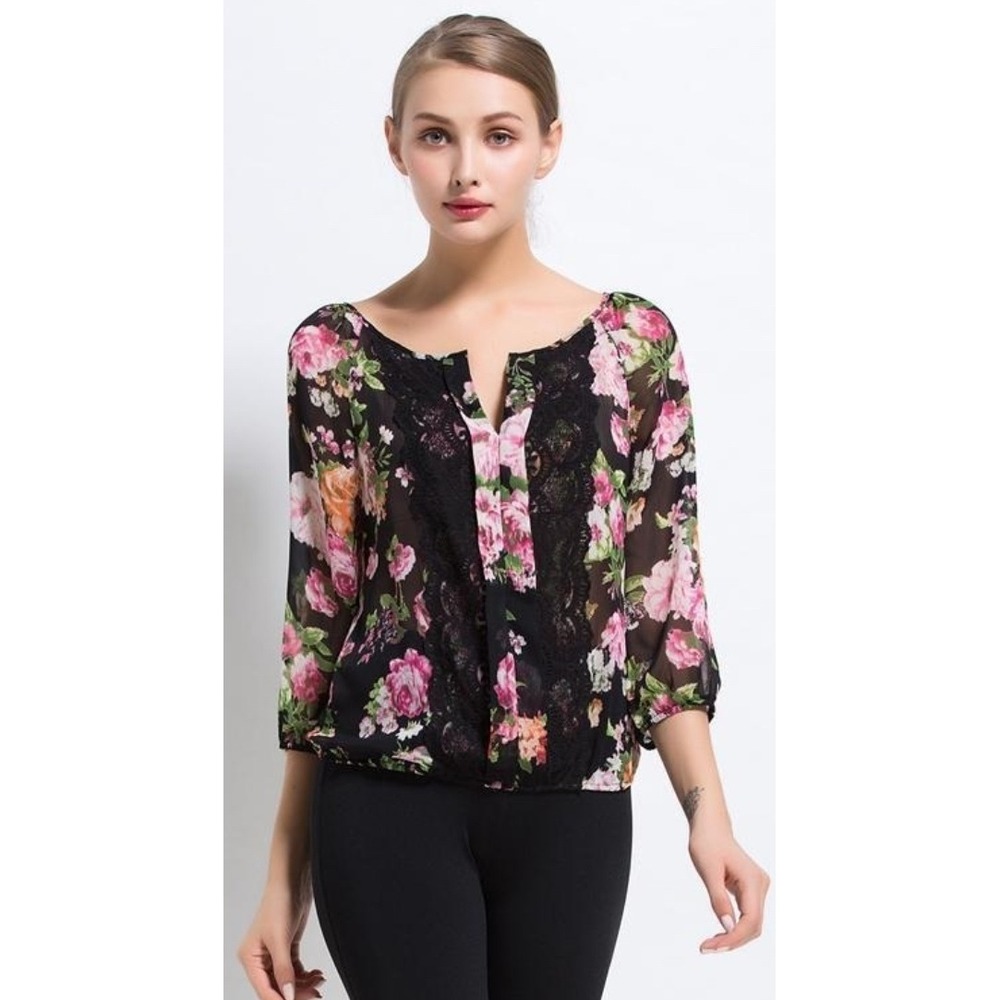 Stoosh Floral Lace Chiffon Sheer Blouse Black Pink Whimsigoth Romantic Y2K M